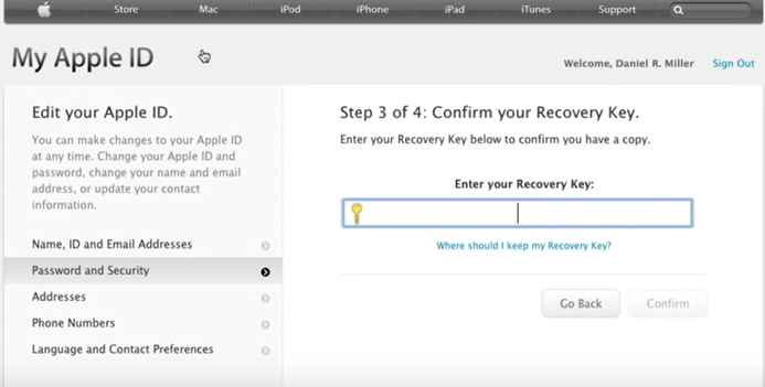 enter password recovery key for apple id