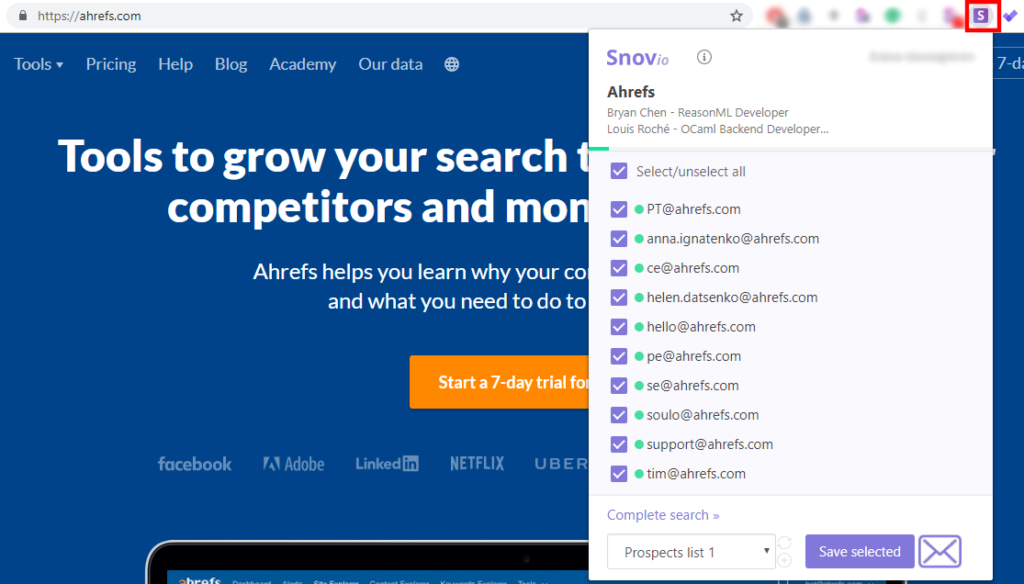 Snov.io email finder for ahrefs
