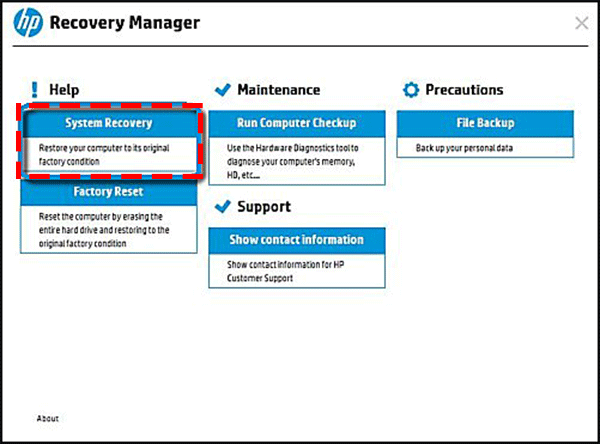 system recovery in hp recovery manager