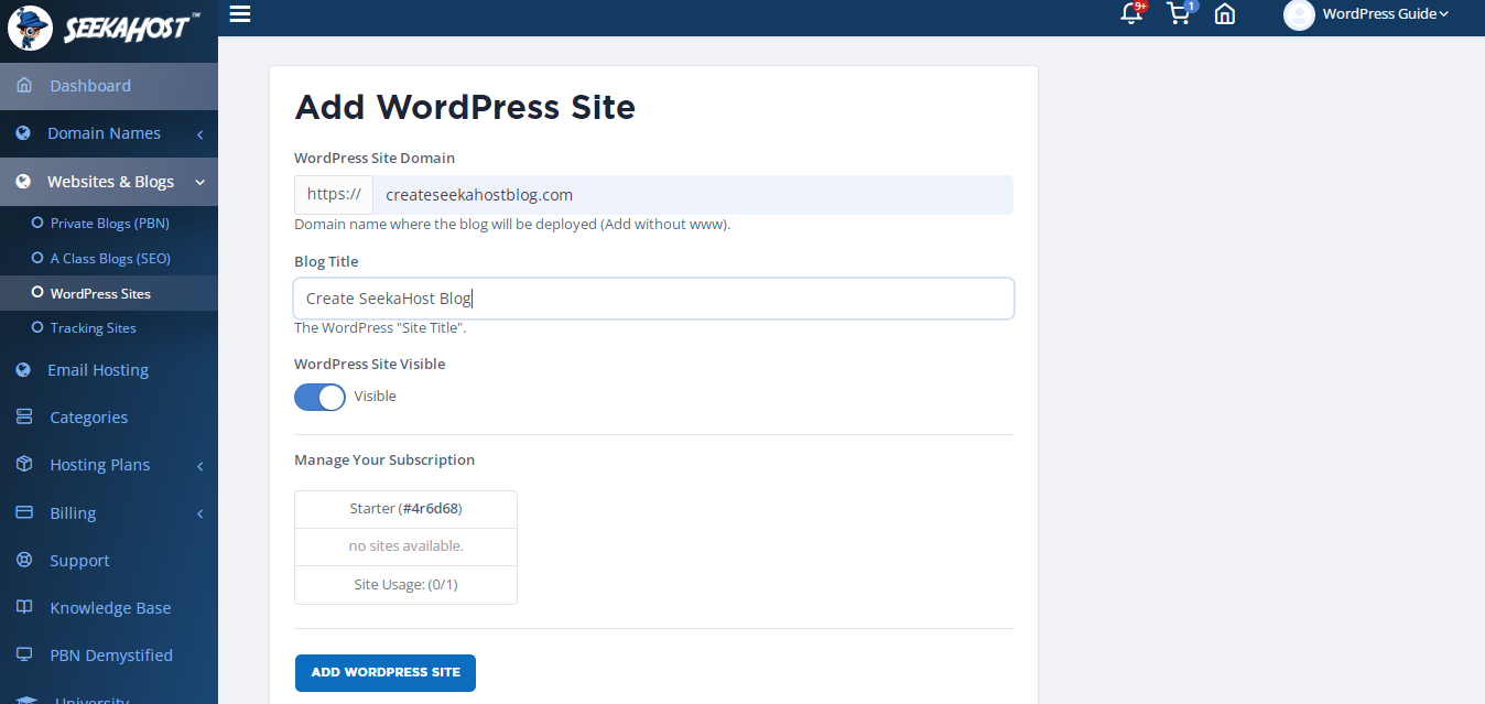 WordPress site domain
