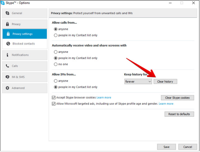 how to delete skype history cache