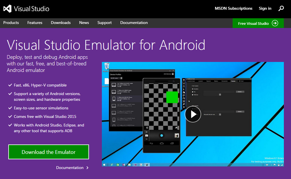 android emulator mac visual studio