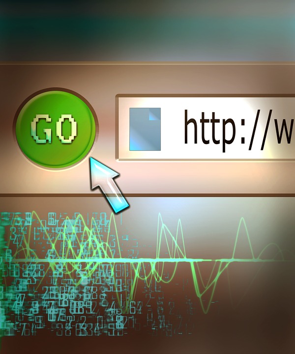 Graphic of web browser with HTTP showing, a button, a cursor, and random code