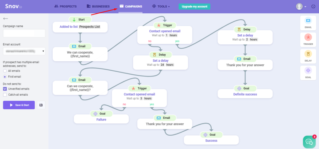 triggered email sequence with Snov.io Drip Campaigns tool