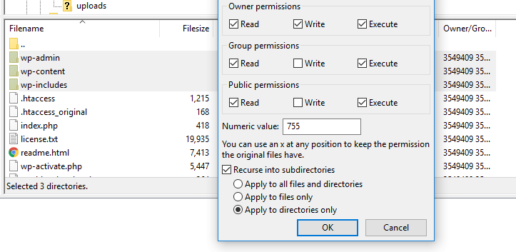 wordpress directory permission