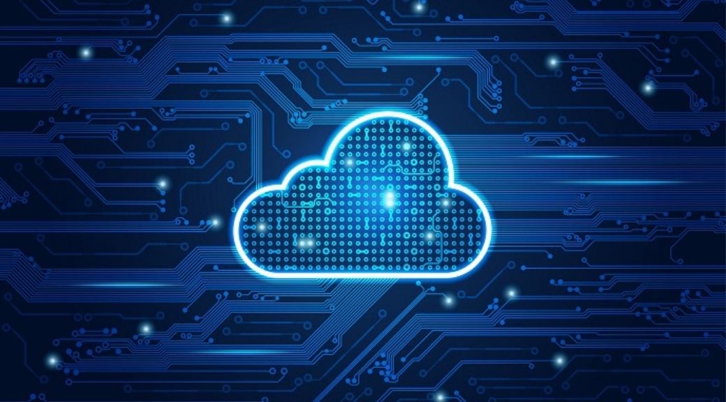  A glowing blue circuit board with a cloud in the center represents the search query 'Cloud infrastructure technologies for enhanced flexibility'.